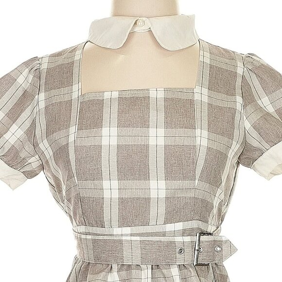 ANK ROUGE romantic casual beige check belted mini dress - Picture 3 of 6